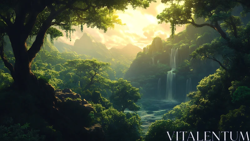 Lush jungle valley with cascading waterfall through ancient trees