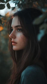 Side profile portrait renders soft bokeh against foliage
