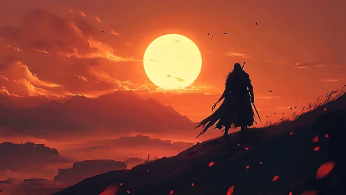 Backlit wandering swordsman against volumetric sunset sphere.
