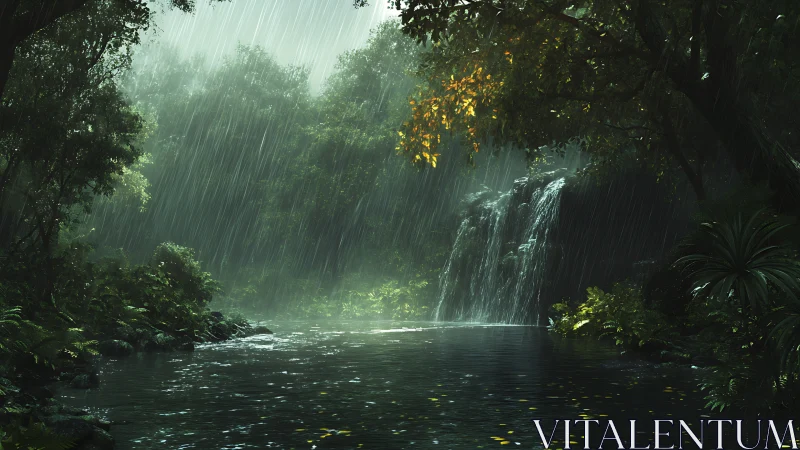 Rain falls over dense forest river and small waterfall