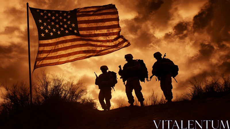 Silhouetted US soldiers under backlit flag at fiery dusk.