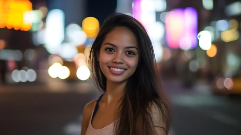 City street portrait under neon bokeh lights at night.