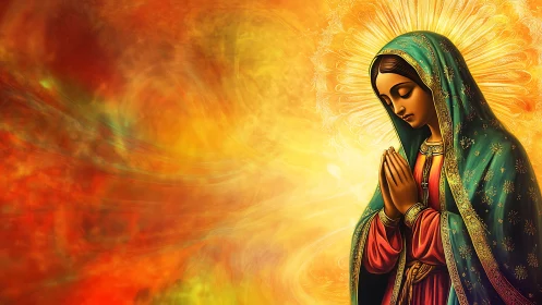 Digital Marian icon rendered against radiant abstract light field