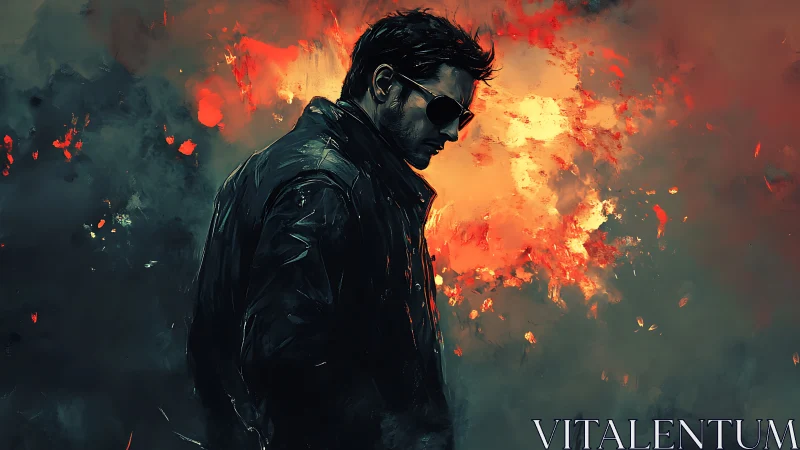 Male figure in profile stands before diffuse fiery backdrop