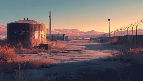Desert industrial perimeter at dusk with rusted fuel tank.