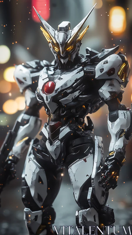 Futuristic white combat mecha stands in glowing urban street