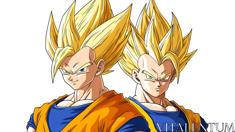 Supercharged duo in blazing gold-haired anime power pose.