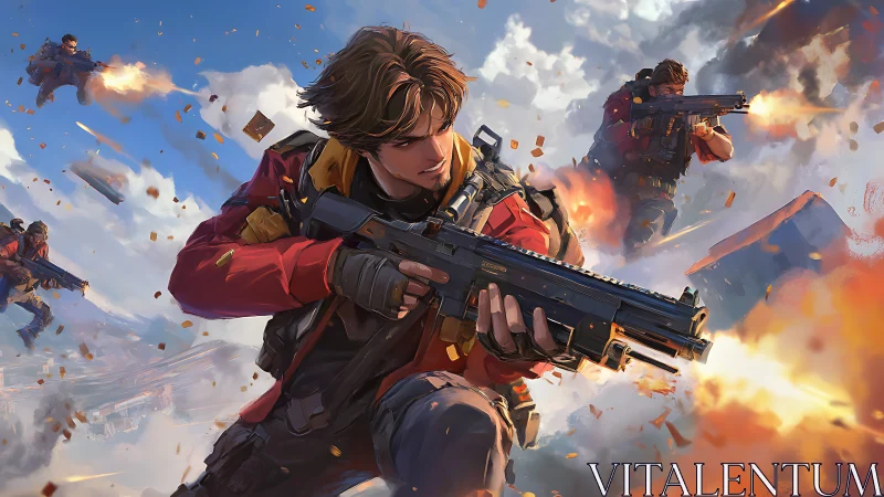 Squad of futuristic soldiers storms aerial battlefield