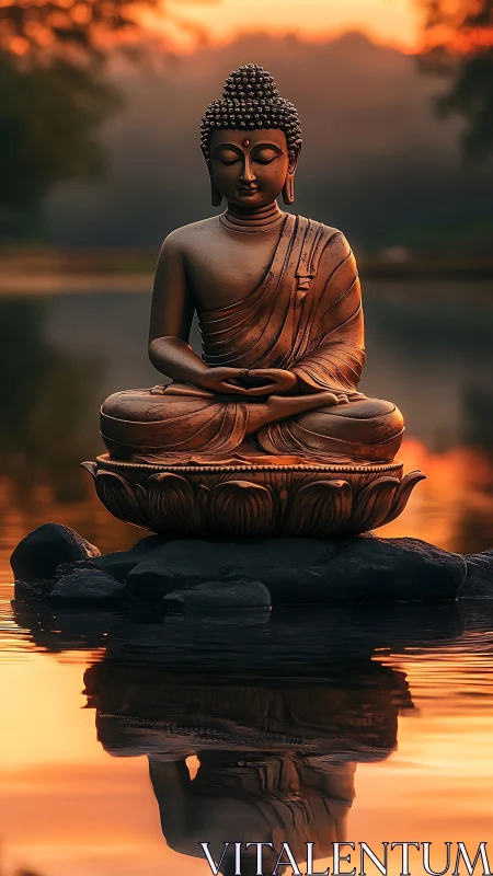 Bronze Buddha statue on lotus base over reflective water.