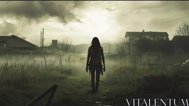 Lone survivor walks through foggy abandoned suburb street.