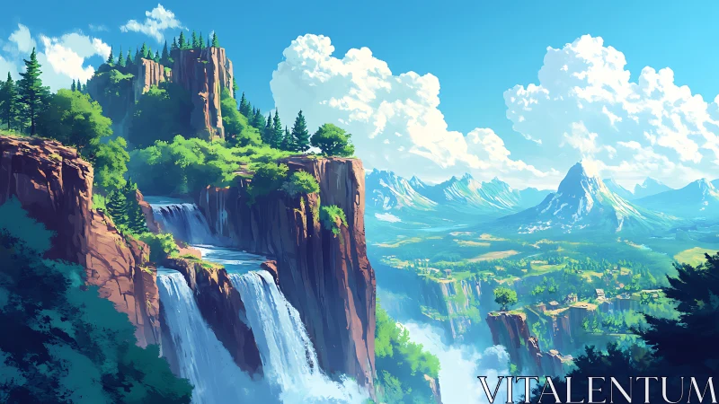 Cascading sky cliffs pour rivers of light into emerald valleys