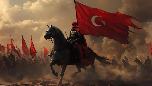 Digital painting of Ottoman cavalry charge with battle standard.