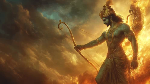Mythic archer deity strides through incandescent storm clouds