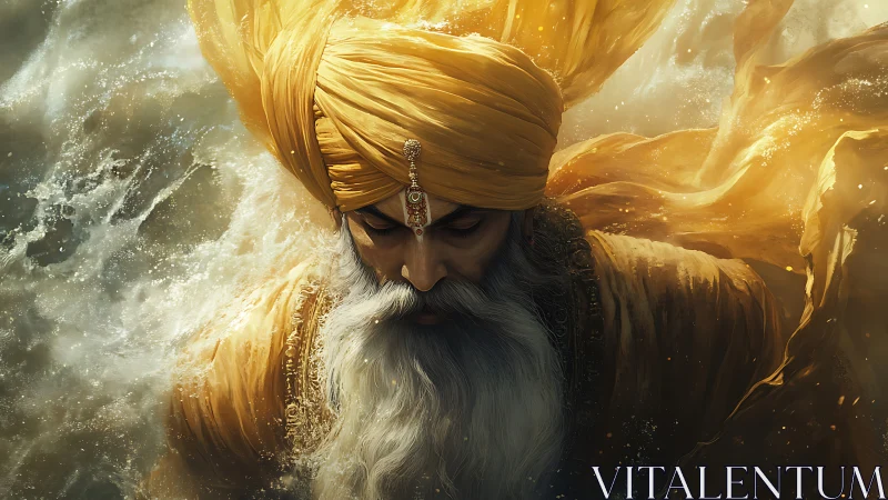 Golden-turbaned elder emerges from swirling luminous waters.