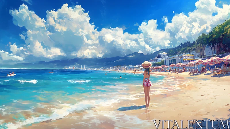 Sunlit beach day welcomes a thoughtful seaside wanderer