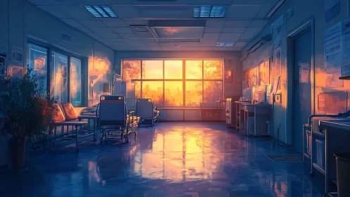 Hospital corridor interior with sunset window illumination.