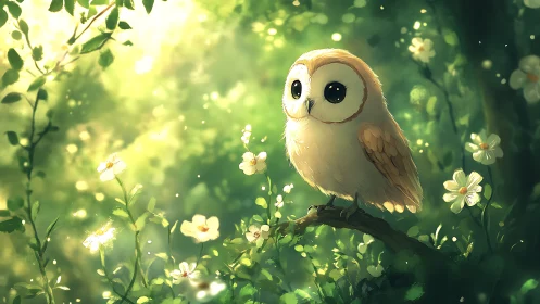 Adorable Cartoon Owl on Flowering Branch in Sunlit Forest Scene.