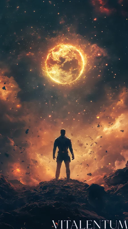 Lone starfarer confronting a newborn fire planet in duskspace.