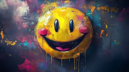 Smiley face graffiti with dripping paint on dark wall.