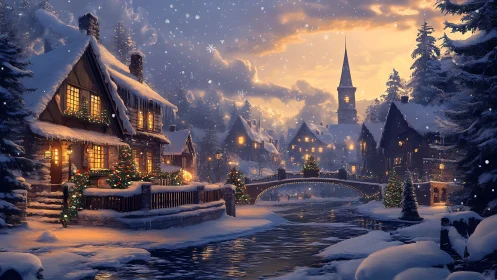 Snowlit village bridge and glowing cottages in winter hush.