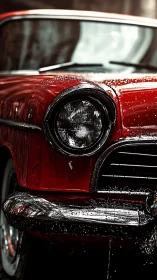 Close-up of wet red classic car front under rain.