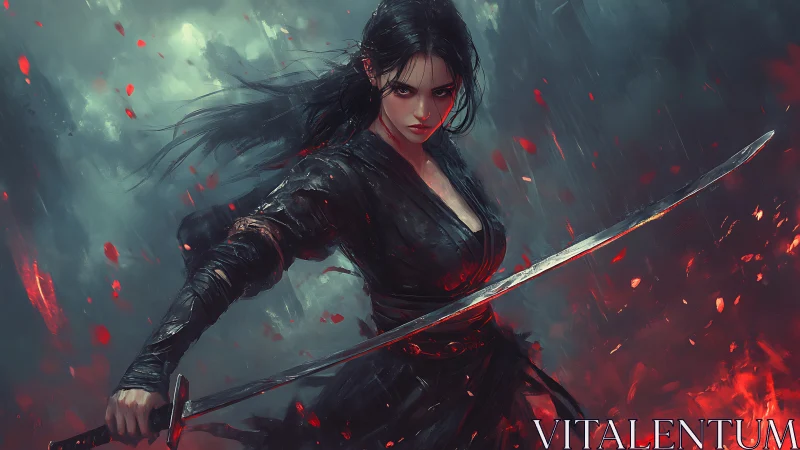 Digital painting of blazing katana warrior amid storm and embers.