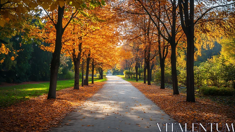 Golden autumn park path invites a peaceful, unhurried walk