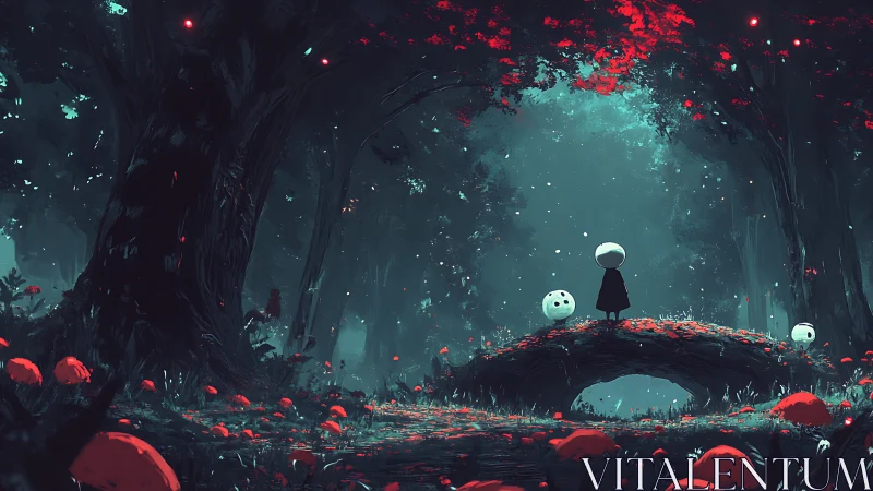 Moonlit forest bridge with lone figure and spirits.