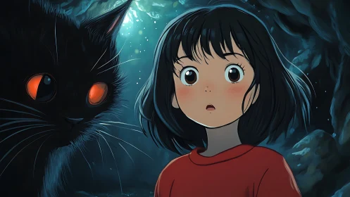 Girl and glowing-eyed cat share a mysterious cavern moment.