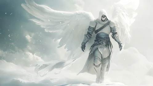 Armored hooded angel descending through luminous cloudscape