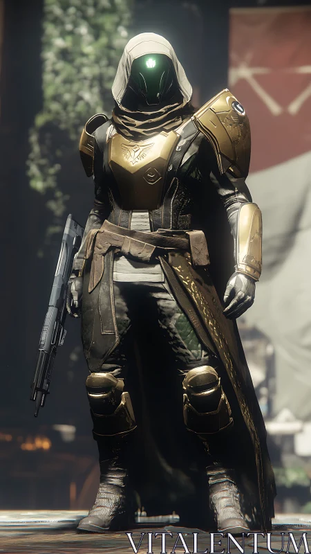 Armored cloaked sci fi guardian rendered with high specular detail