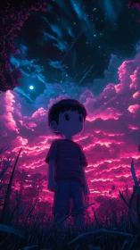 Noctilucent sky study with silhouetted child observer profile.