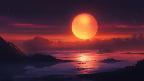 Radiant alien sunset bathes calm ocean in glowing warmth