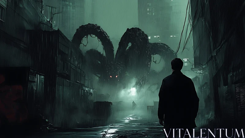 Rain-soaked cyberpunk alley confronting colossal tentacled entity