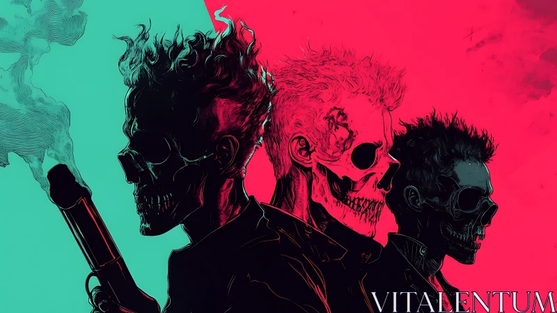 Neon skull outlaws in stark split-color portrait trio.