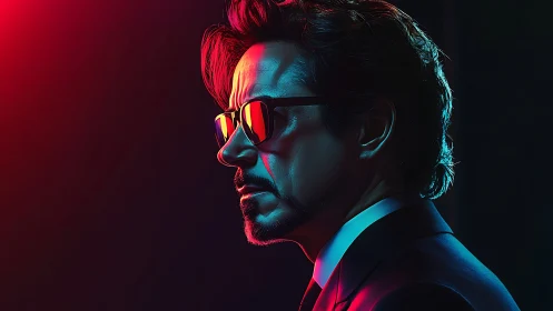 Neon-lit profile of cool suited man in reflective shades.