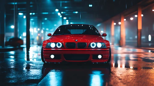 Crimson street racer idling under neon rainlight hush.
