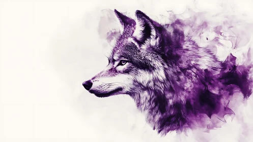Violet wolf portrait dissolves into ethereal watercolor mist.