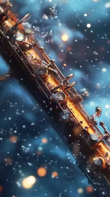 Winter-lit saxophone sings through swirling snowflakes.