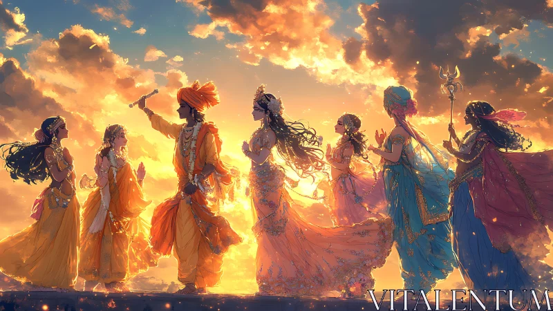 Digital painting of divine procession in radiant sunset lighting.