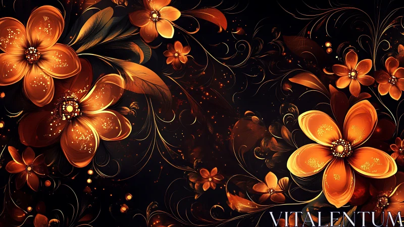 Glowing Orange Flowers Against Black Background with Sparkles