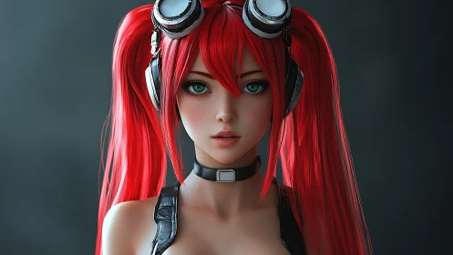 Striking red haired anime girl with headphones and goggles.