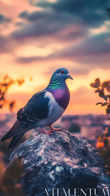 Iridescent pigeon on rock captured against vivid sunset sky