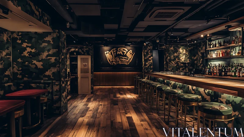 Camouflage-themed bar interior shows counter and seating