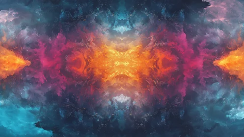 Symmetric nebular bloom in saturated cyan, magenta, amber.