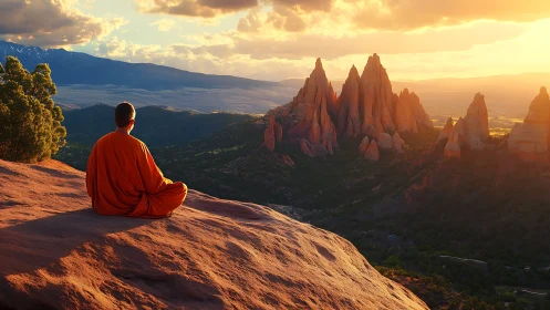 Monk in orange robe meditating above sunlit red canyon.