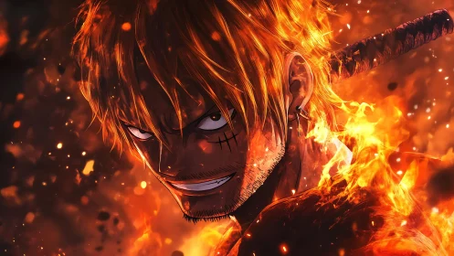 Flaming swordsman portrait in intense orange inferno glow.