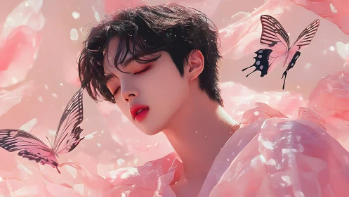 Silken dreamer adrift with rose-winged butterflies in bloom.