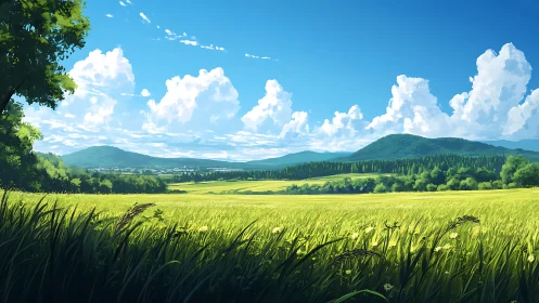 Sunlit countryside meadow under towering summer clouds.