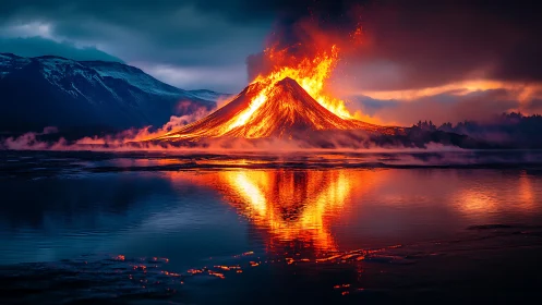 Volcanic eruption with lava fountain against night sky and water